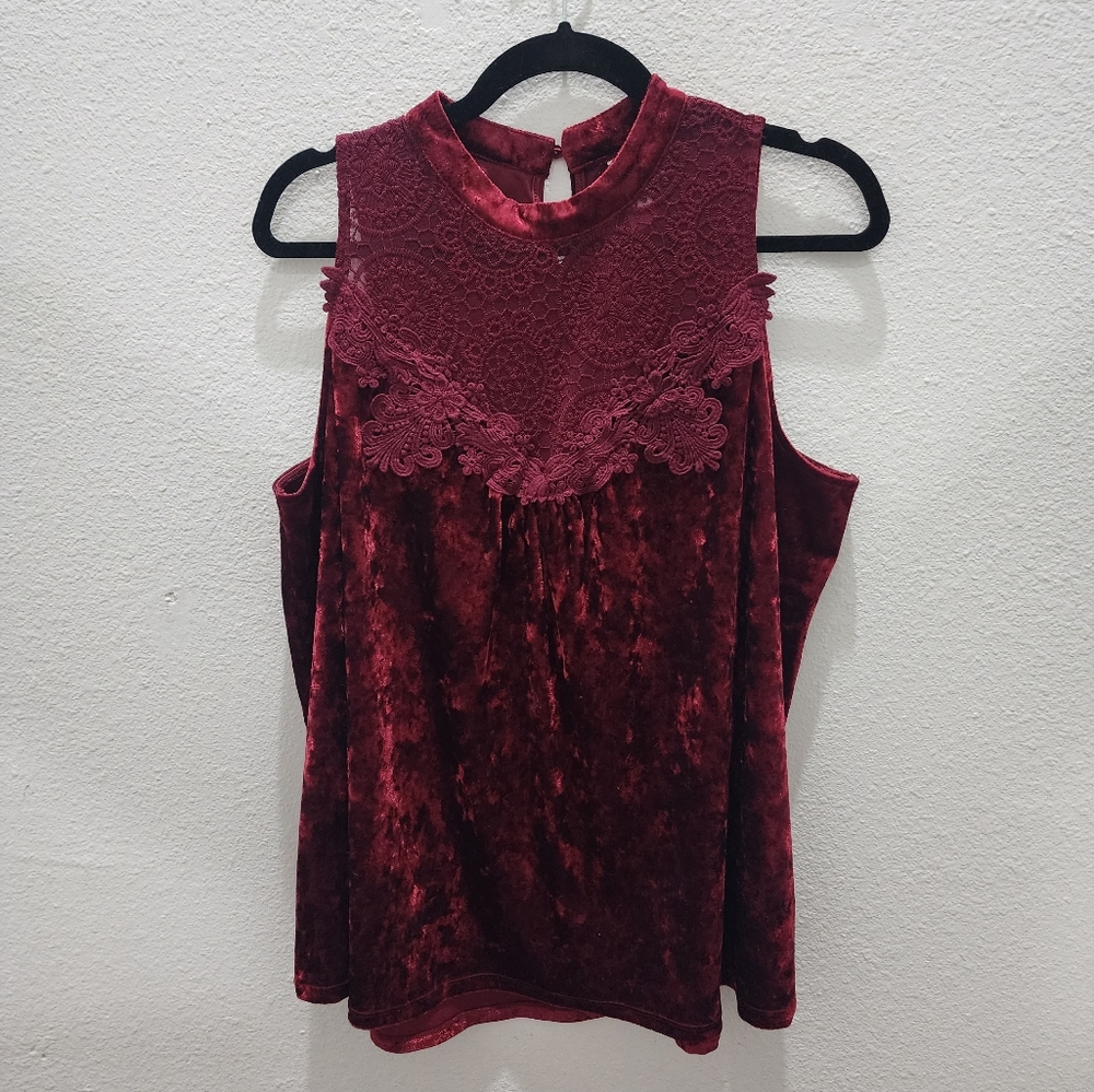 Red crushed velvet and lace top